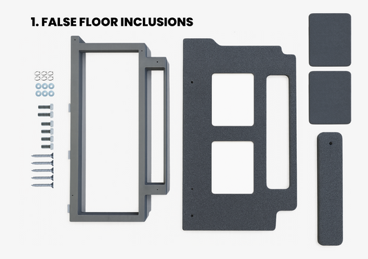 Jimny XL 5-door false floor kit including frame, panels, screws, and mounting hardware laid out on white background
