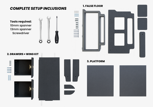 Complete setup components and tools for EXPLOREJIMNY jimny xl drawer system including false floor drawers wing kit and platform