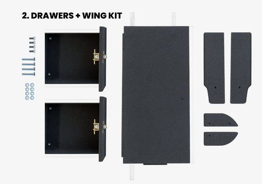 EXPLORESETUPS Suzuki Jimny XL Drawer System and Wing Kit top view showing two lockable drawers wing panels and mounting hardware
