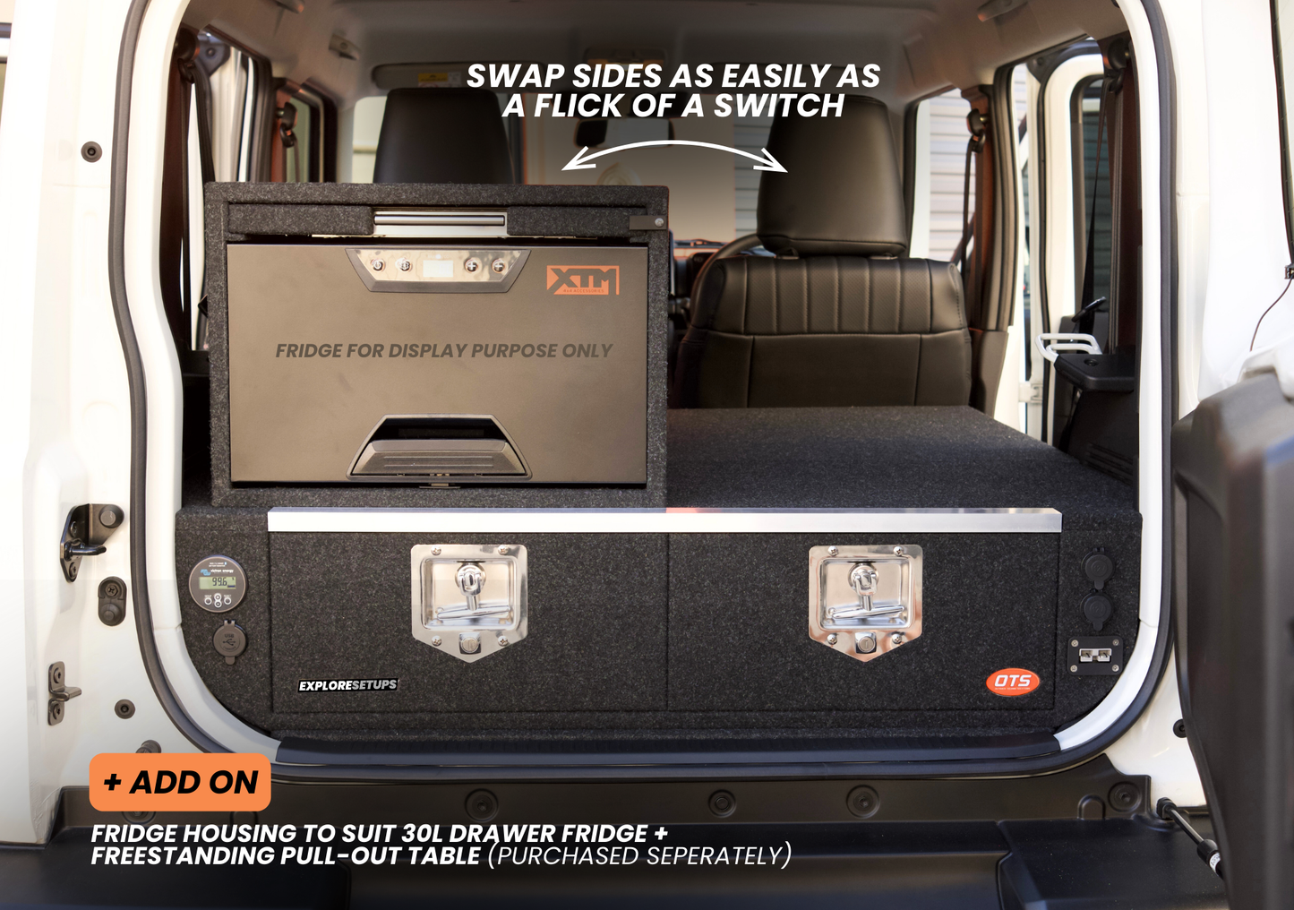 Rear view of suzuki jimny xl 5 door with carpeted jimny xl drawer storage system featuring twin lockable drawers and fridge housing