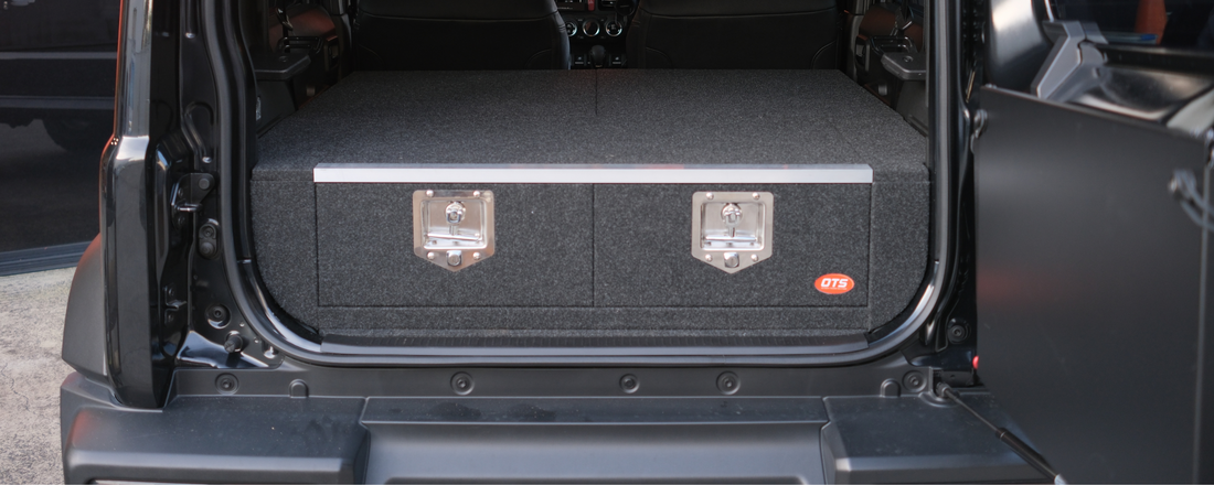 Modular Jimny XL rear storage system installed in vehicle trunk with secure lockable drawers