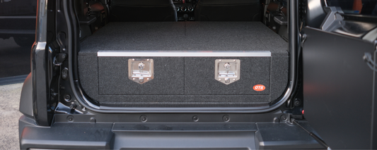 Modular Jimny XL rear storage system installed in vehicle trunk with secure lockable drawers