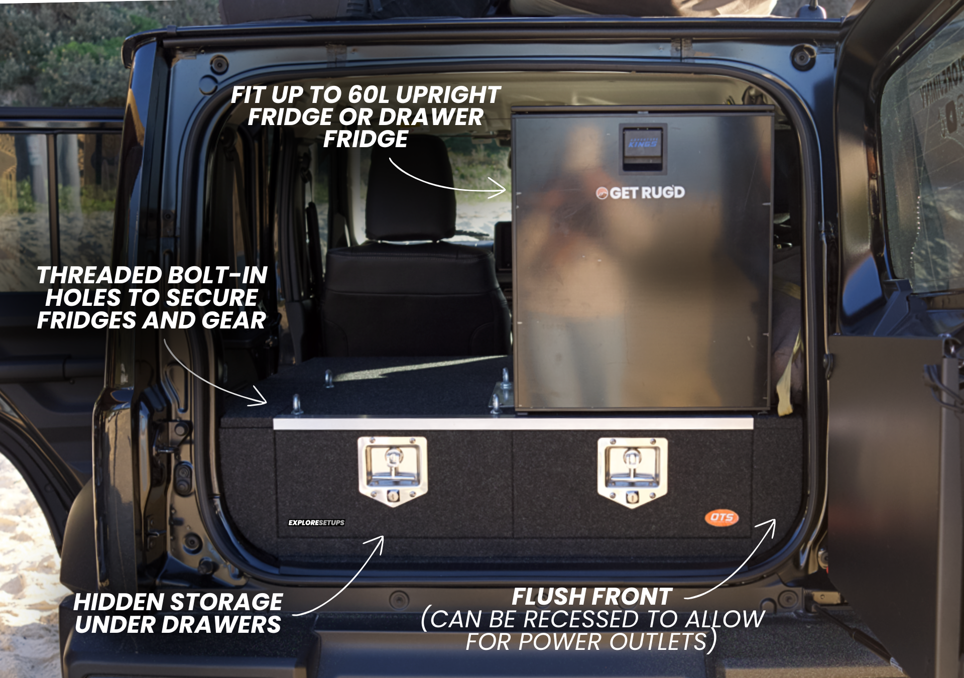 Rear of Suzuki Jimny showing jimny xl storage drawer system modular with 60L upright fridge and flush front drawers