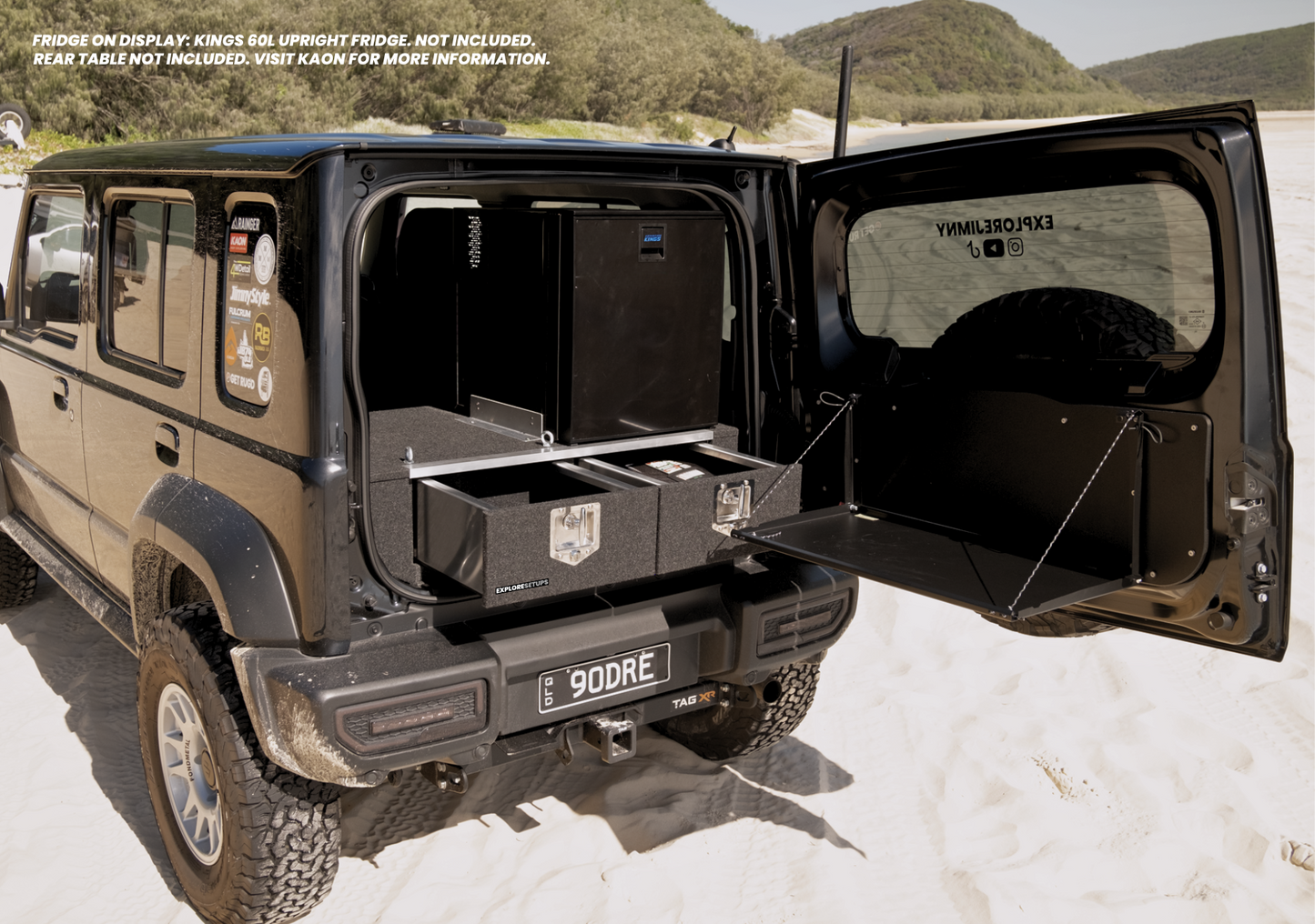 EXPLORESETUPS jimny xl storage drawer system modular installed in suzuki jimny xl 5 door with dual slide out drawers on sand