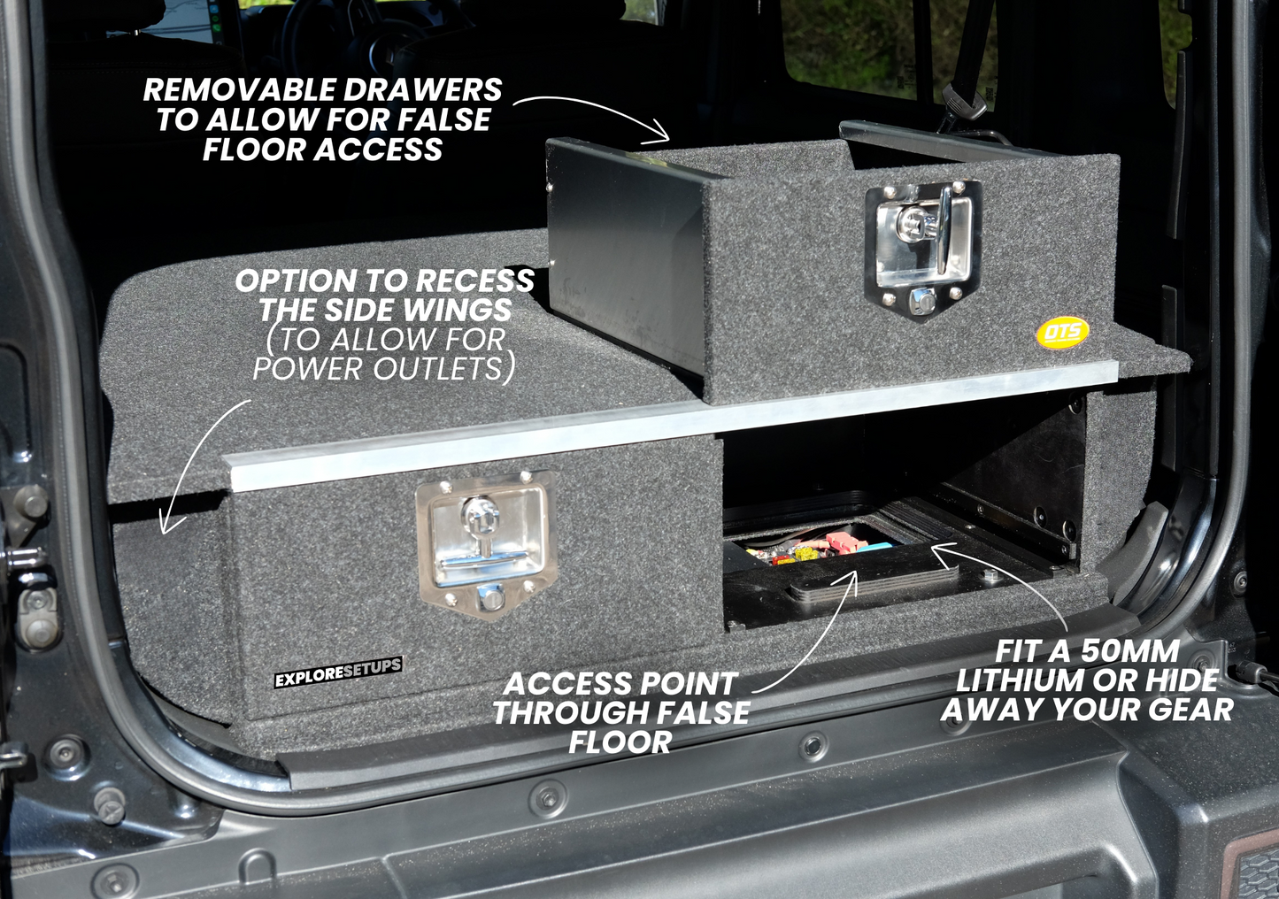 EXPLORESETUPS jimny xl storage drawer system modular grey carpeted dual drawers with false floor access and locks