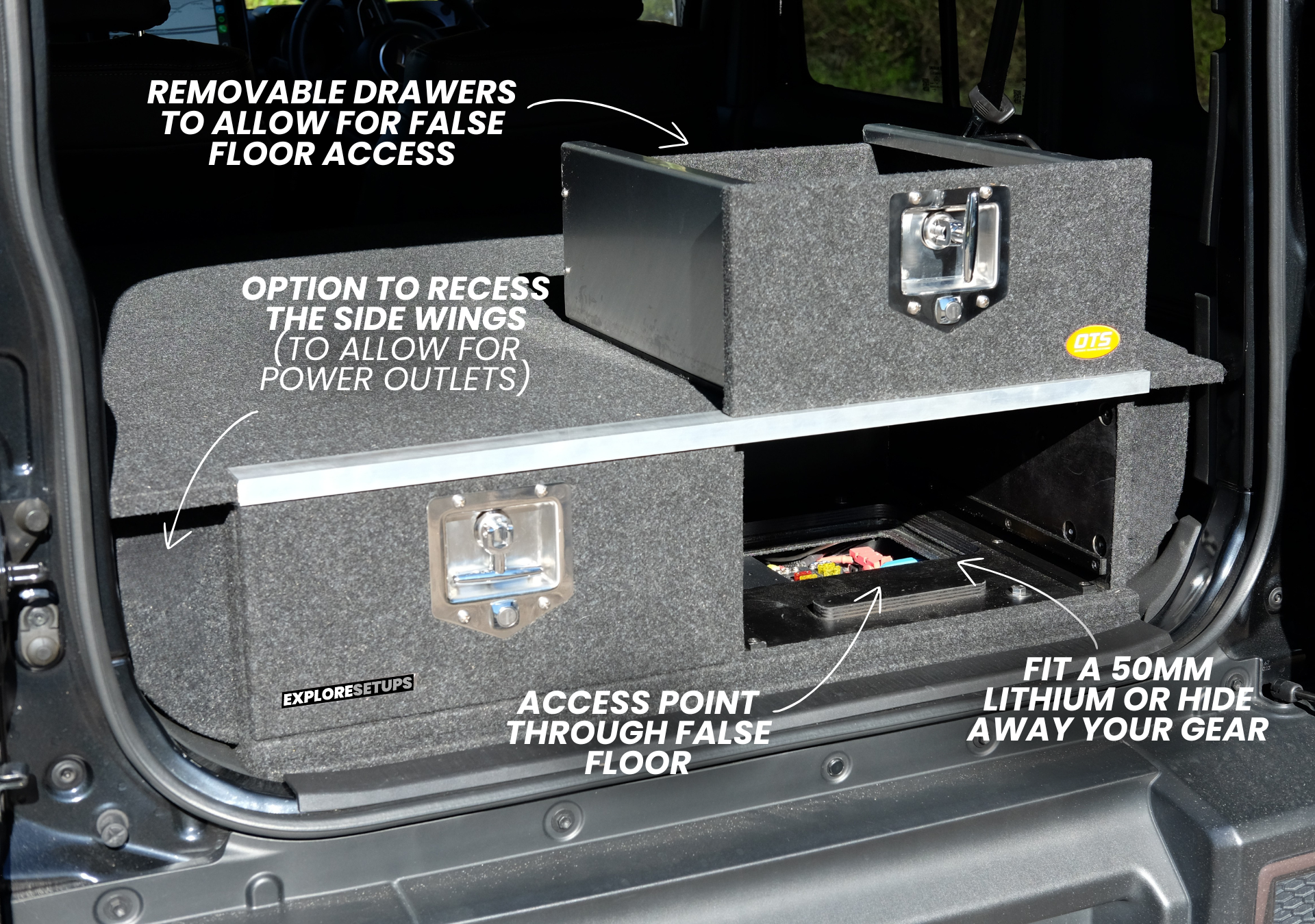 EXPLORESETUPS jimny xl storage drawer system modular grey carpeted dual drawers with false floor access and locks