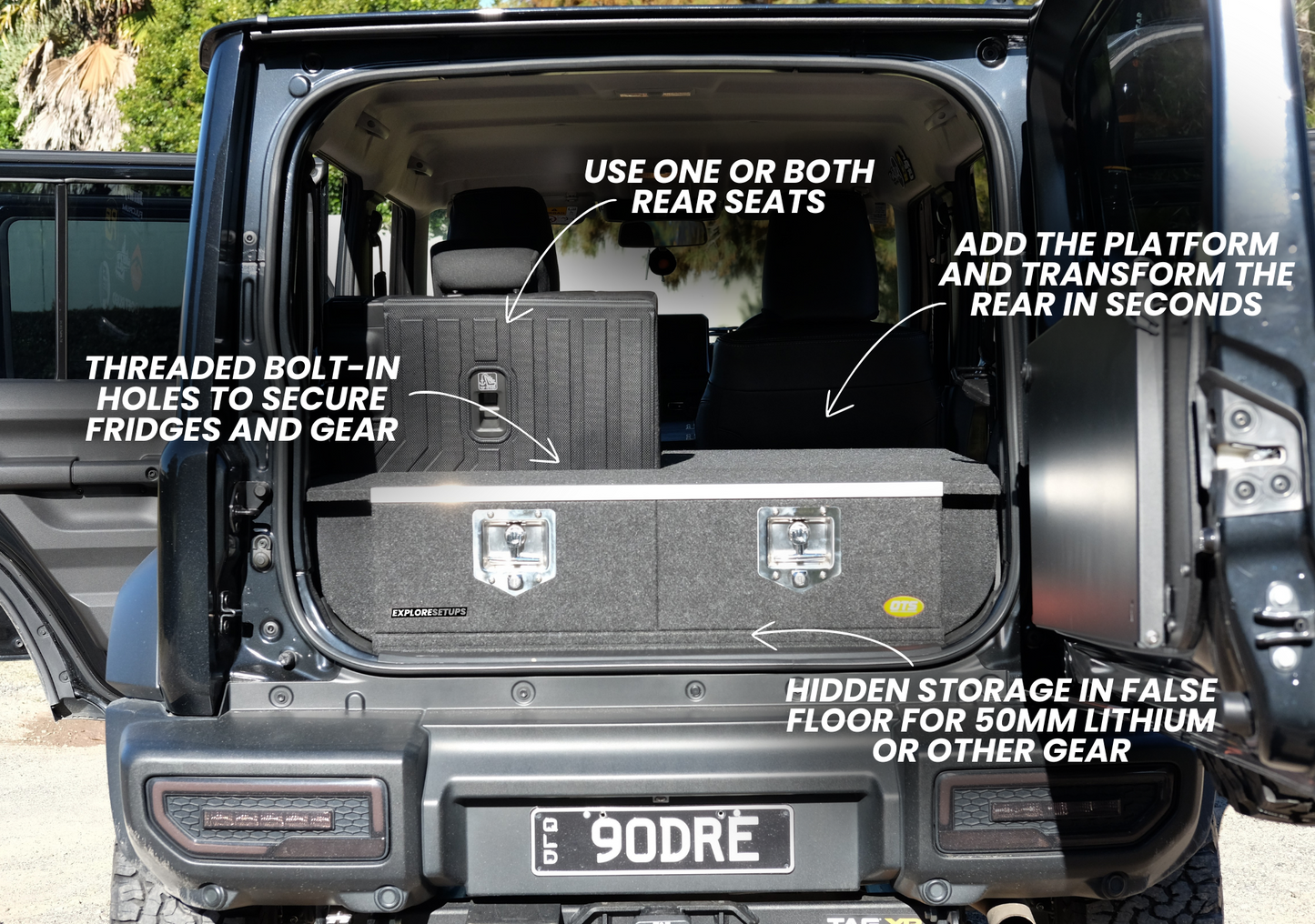 Suzuki Jimny XL Drawer System and Wing Kit installed in rear of black Jimny showing twin drawers platform and hidden storage
