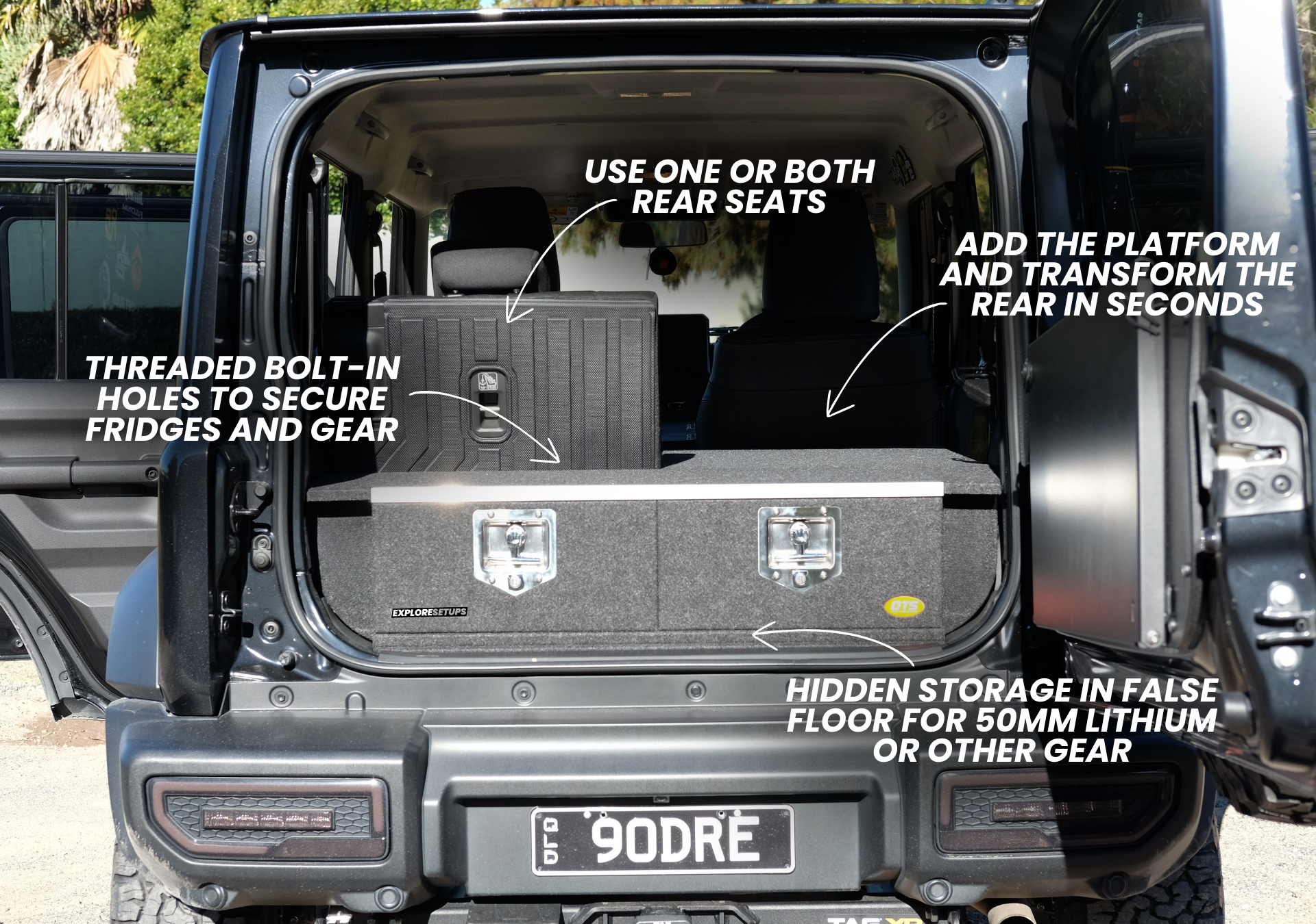 Suzuki Jimny XL Drawer System and Wing Kit installed in rear of black Jimny showing twin drawers platform and hidden storage