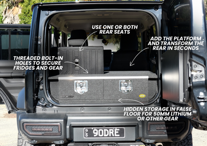 Suzuki Jimny XL Drawer System and Wing Kit installed in rear of black Jimny showing twin drawers platform and hidden storage