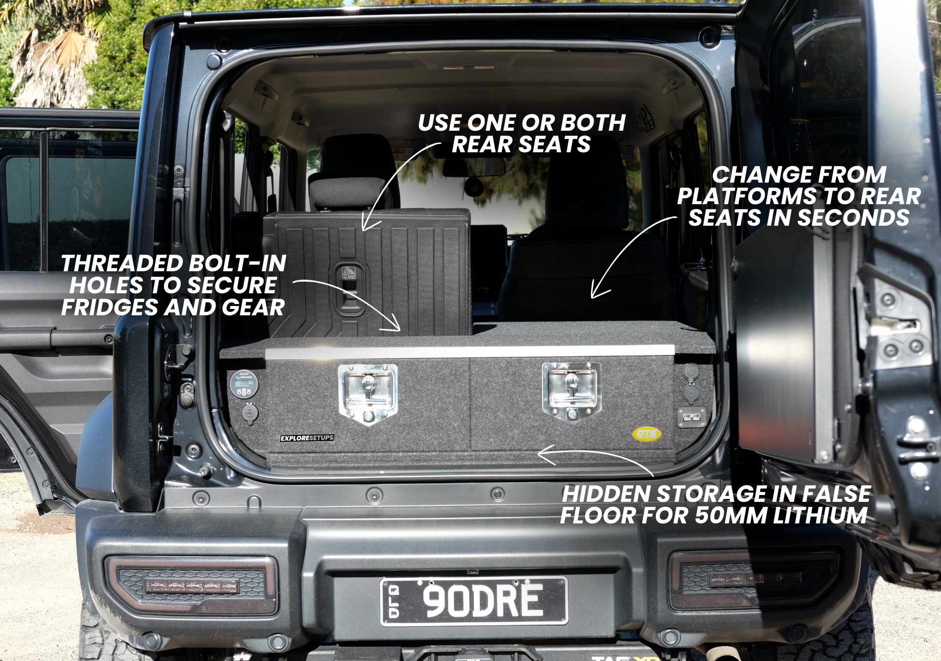 EXPLORESETUPS jimny xl drawer storage system fitted in suzuki jimny xl 5 door rear showing dual drawers false floor and bolt in securing points