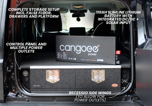 EXPLORESETUPS jimny xl drawer storage system with dual lockable drawers recessed side wings and lithium power unit