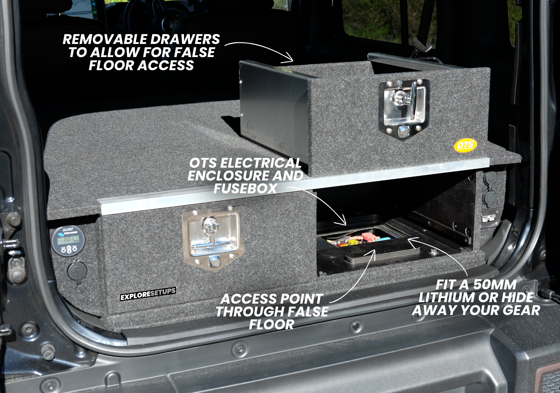 Suzuki Jimny XL Drawer System and Wing Kit installed in rear showing carpeted removable drawers latch and electrical enclosure