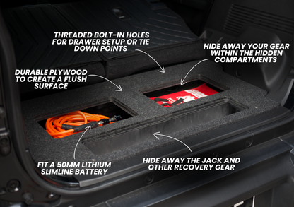 EXPLOREJIMNY jimny xl storage system installed in vehicle with hidden compartments and durable plywood surface