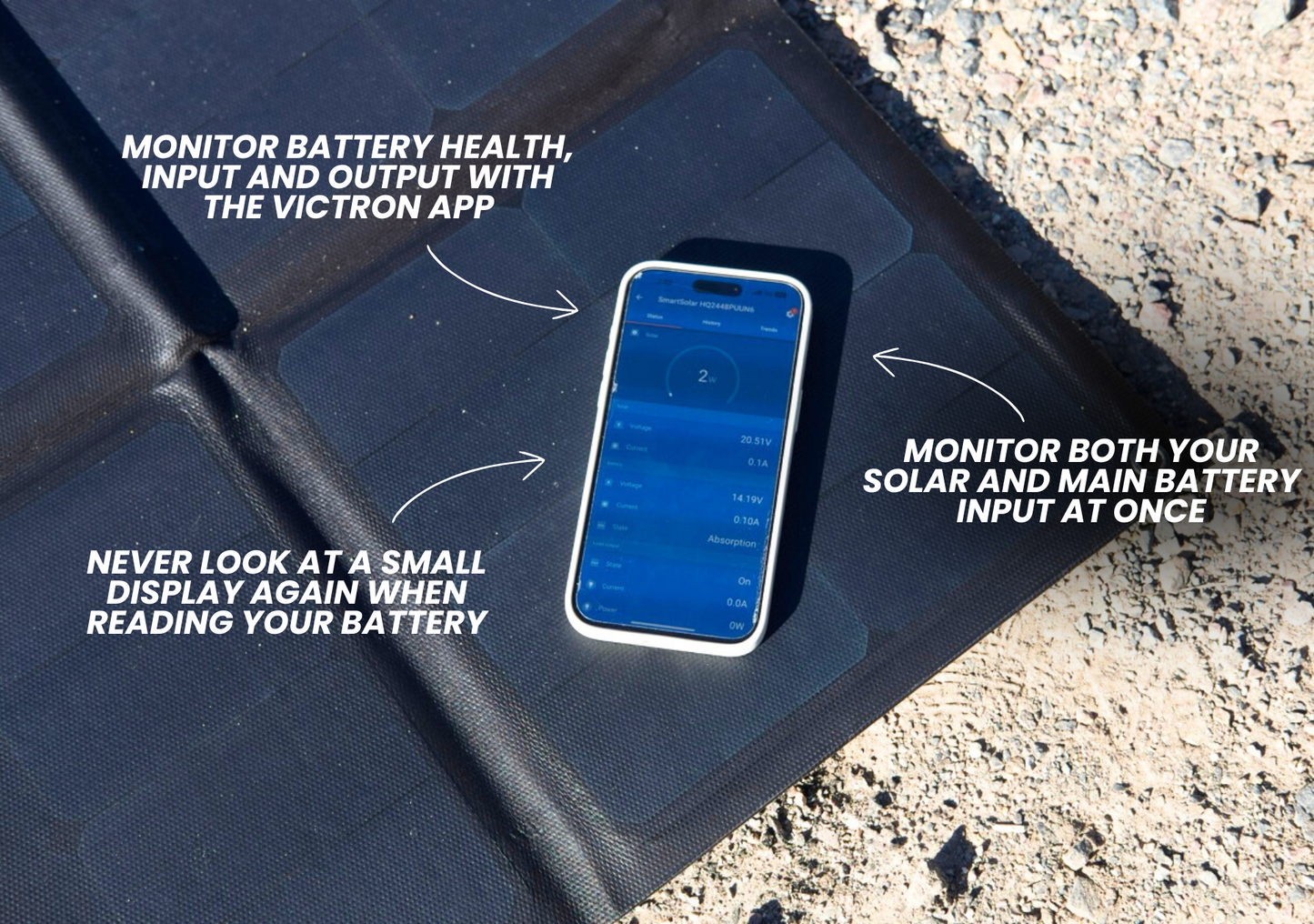 Jimny XL storage system showing a phone with Victron app monitoring battery health and solar input