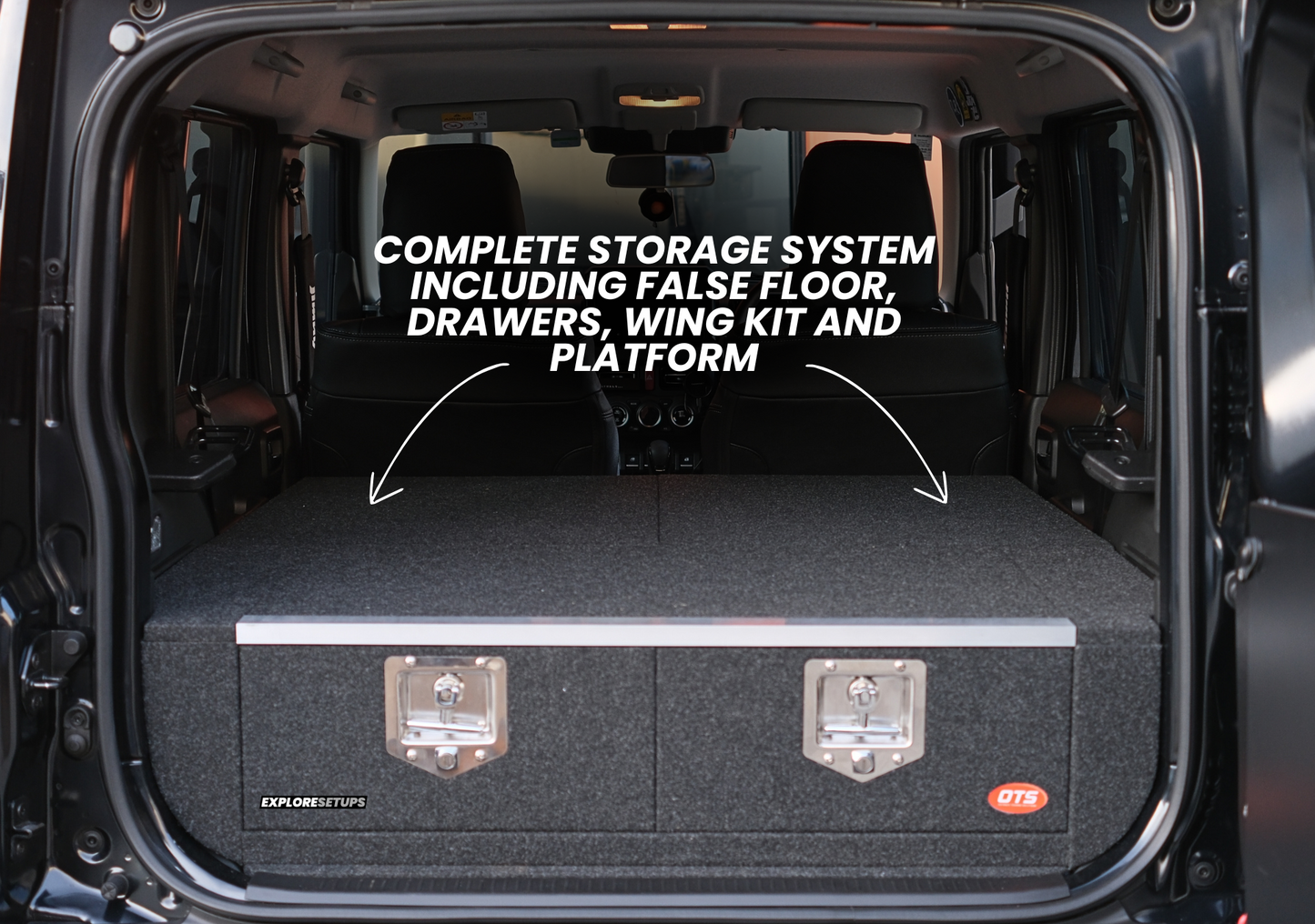 EXPLORESETUPS jimny xl storage drawer system modular in rear cargo with carpeted false floor drawers and latches