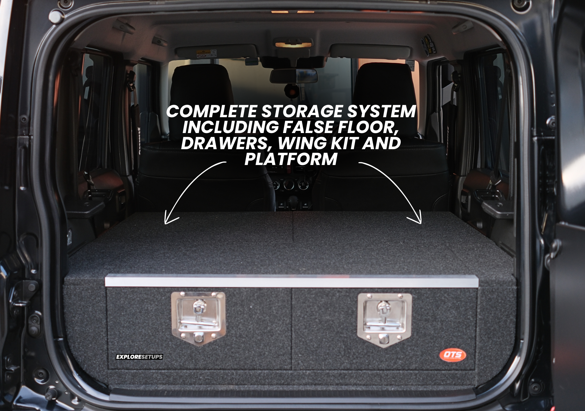 EXPLORESETUPS jimny xl storage drawer system modular in rear cargo with carpeted false floor drawers and latches