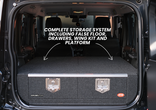 EXPLORESETUPS jimny xl storage drawer system modular in rear cargo with carpeted false floor drawers and latches