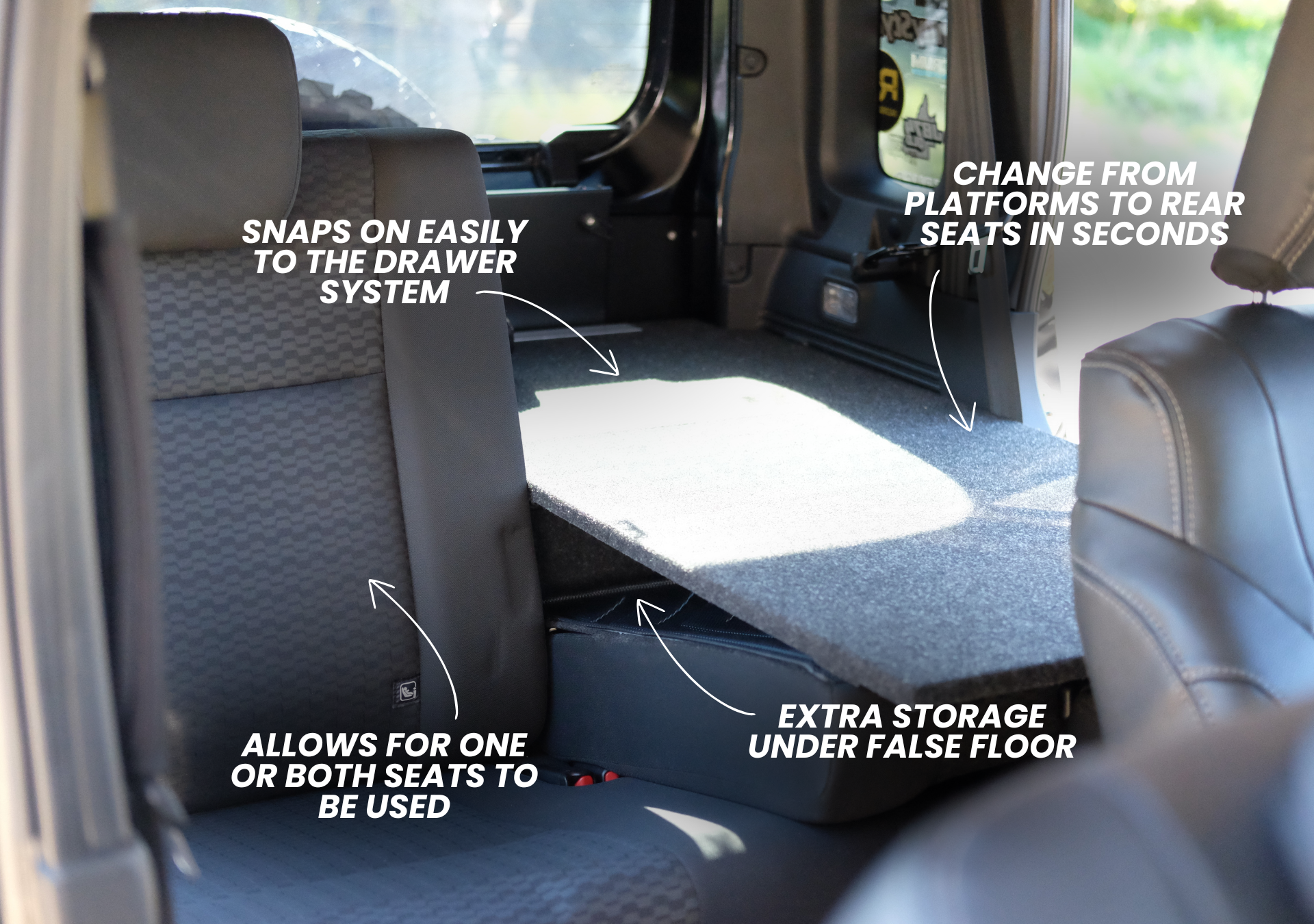 Suzuki Jimny false floor platform installed in rear seat area showing extra storage and seat adjustment
