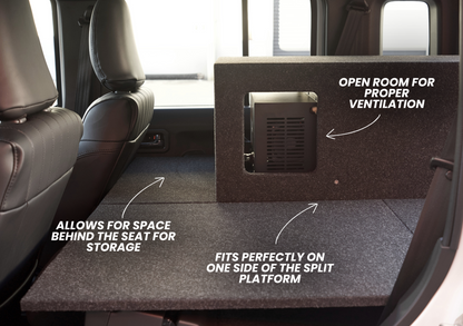 Suzuki Jimny XL 30L drawer fridge surround installed on split platform with storage space and ventilation