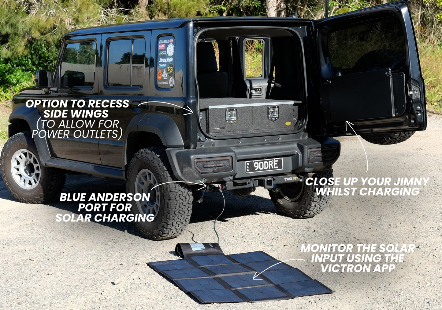 jimny xl drawer storage system in suzuki jimny xl 5 door with solar charging panel and blue Anderson port