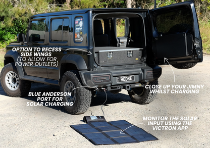 jimny xl drawer storage system in suzuki jimny xl 5 door with solar charging panel and blue Anderson port
