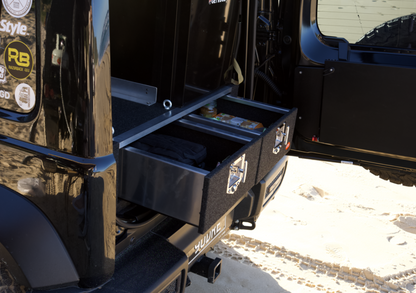 EXPLORESETUPS jimny xl storage drawer system modular in black suzuki jimny xl 5 door rear with open drawer and organized compartments